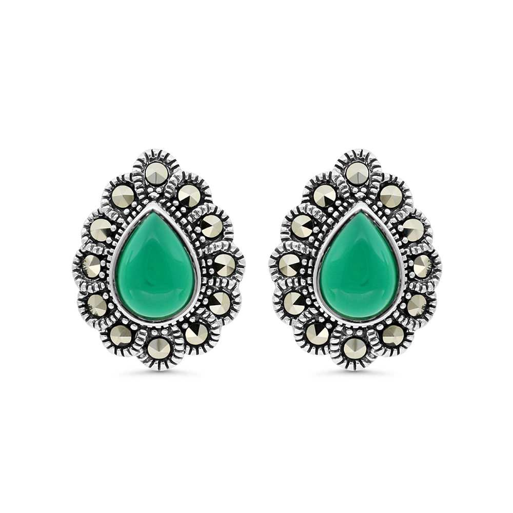 Sterling Silver 925 Earring Embedded With Natural Green Agate And Marcasite Stones