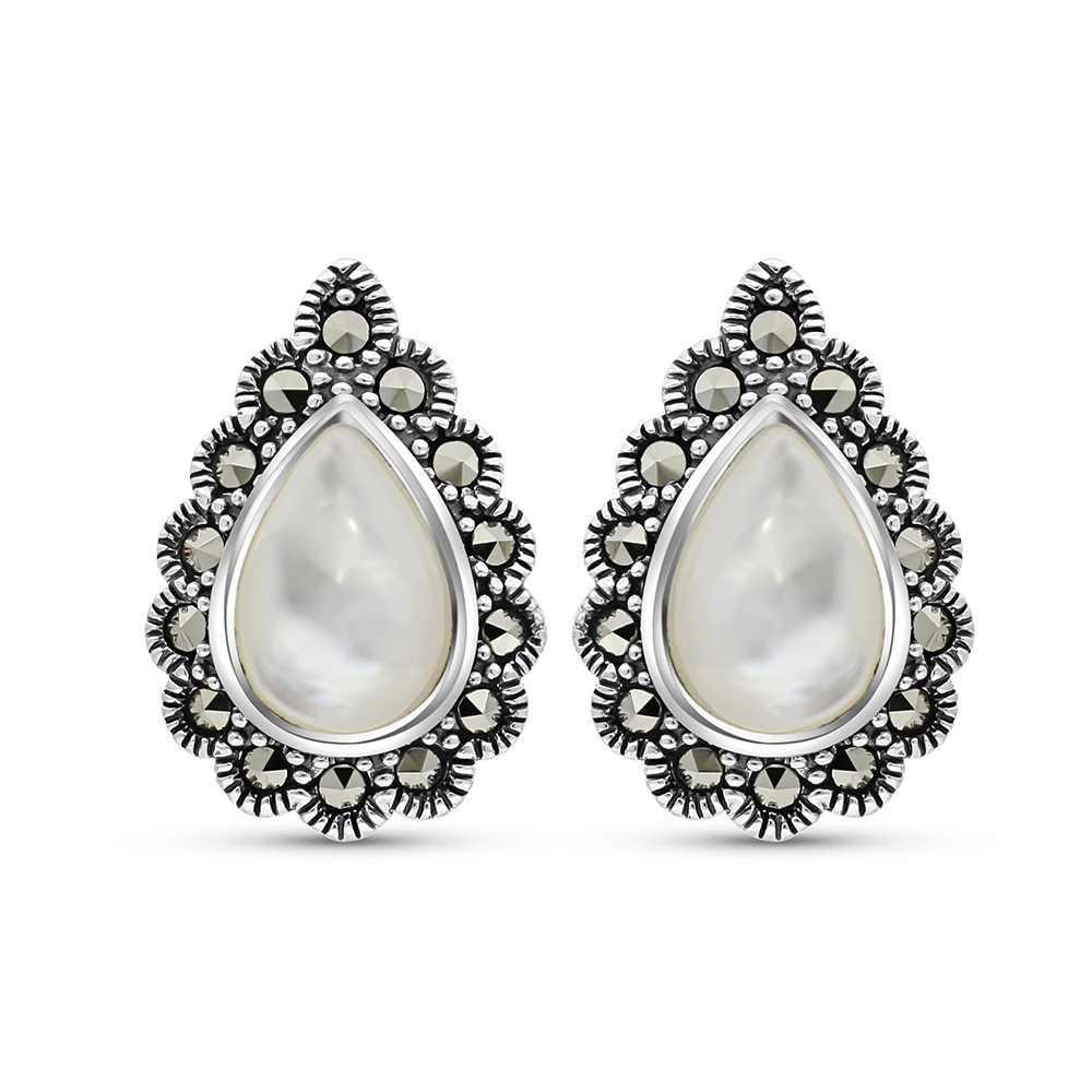 Sterling Silver 925 Earring Embedded With Natural White Shell And Marcasite Stones