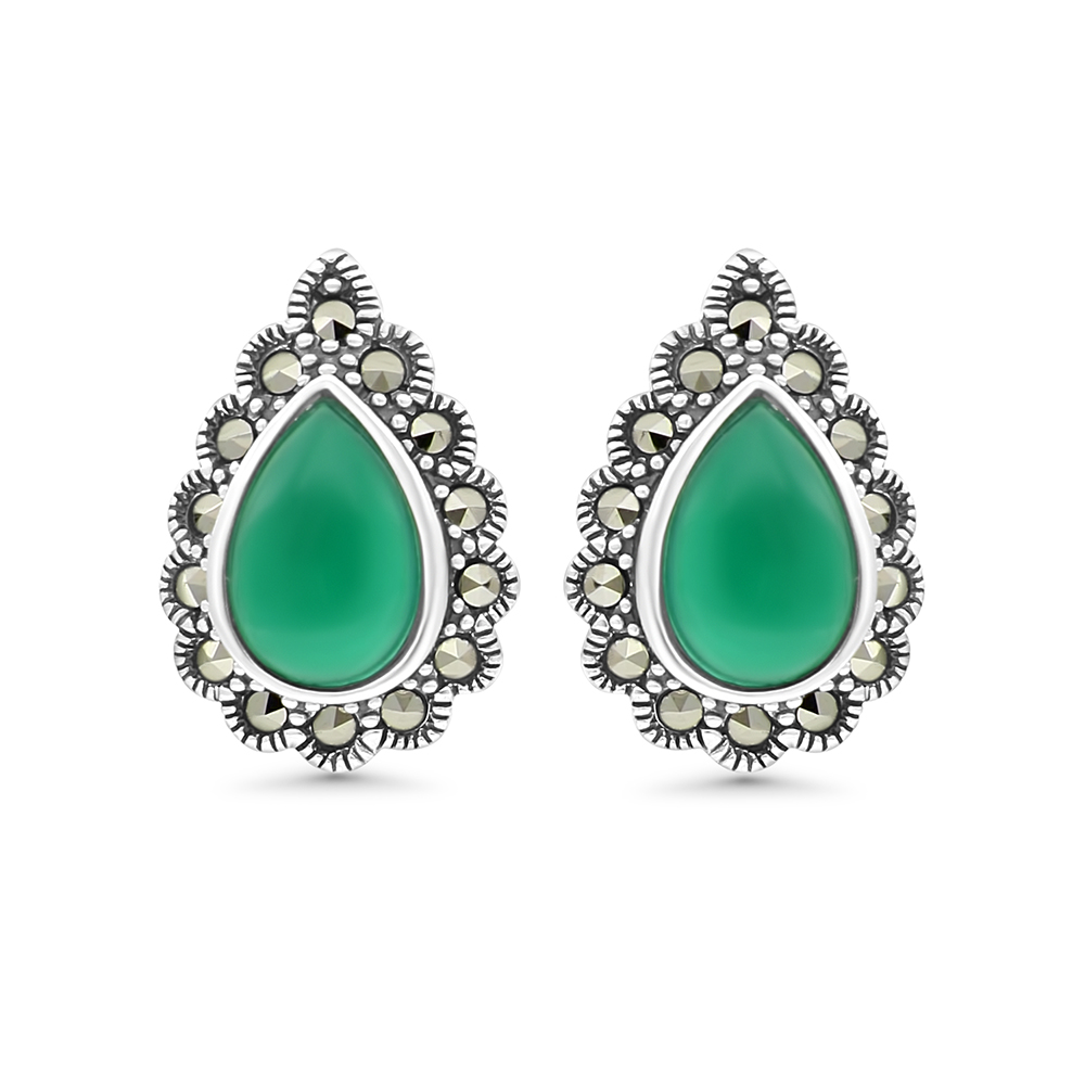 Sterling Silver 925 Earring Embedded With Natural Green Agate And Marcasite Stones