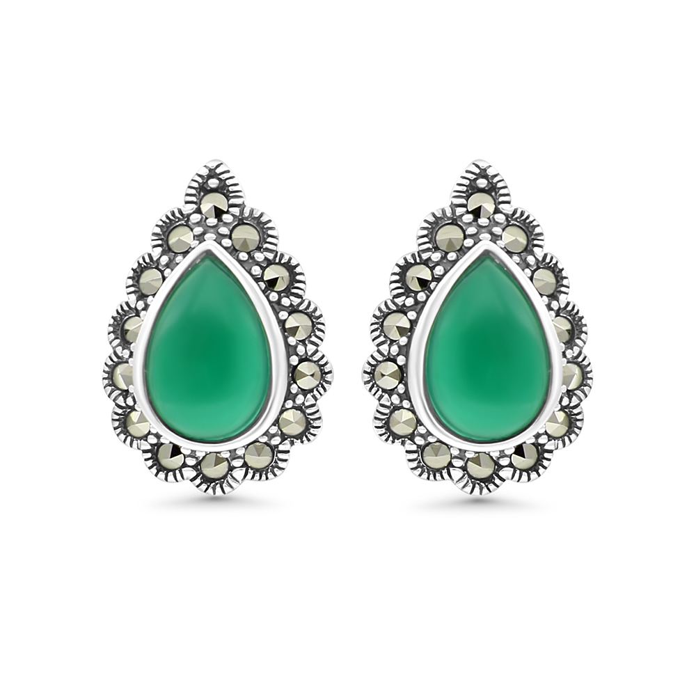 Sterling Silver 925 Earring Embedded With Natural Green Agate And Marcasite Stones