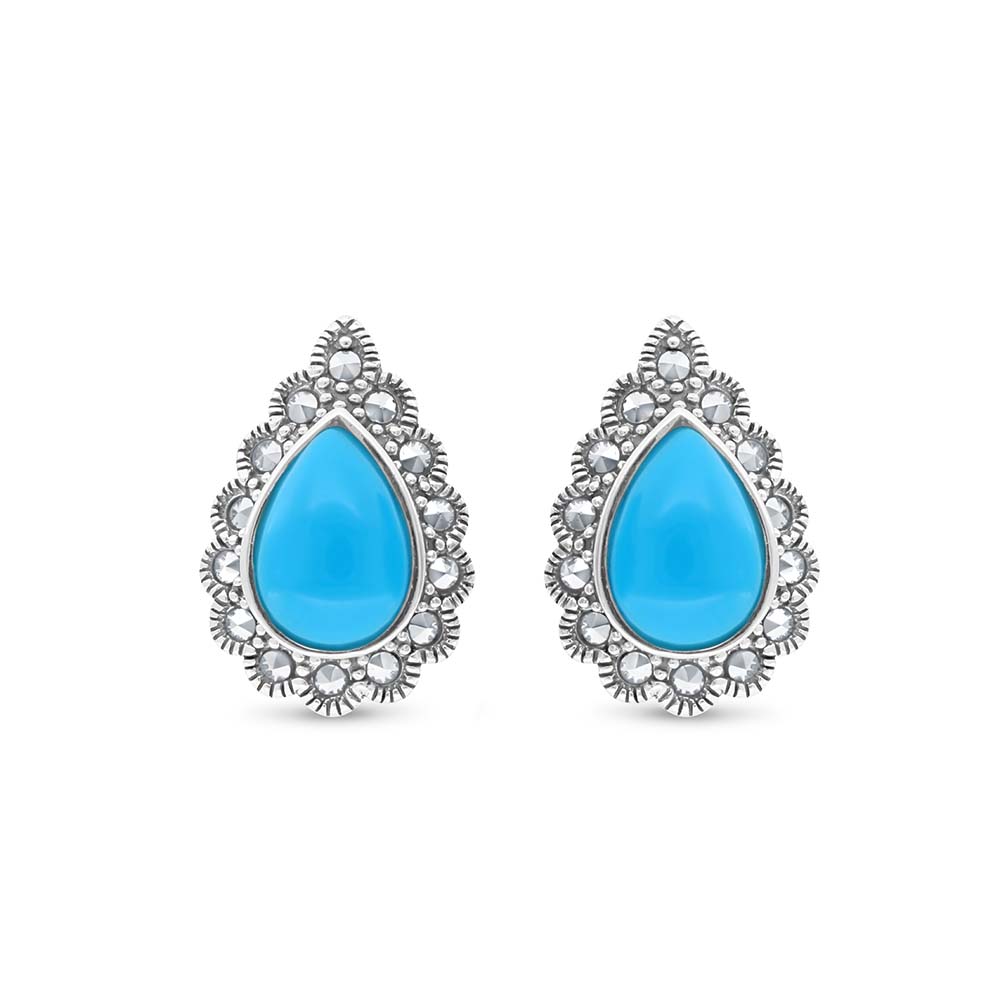 Sterling Silver 925 Earring Embedded With Natural Processed Turquoise And Marcasite Stones