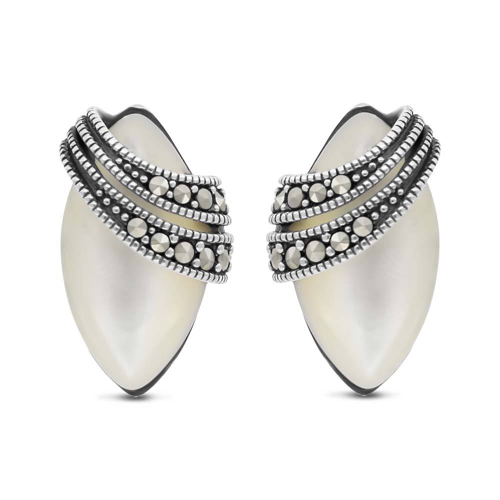 Sterling Silver 925 Earring Embedded With Natural White Shell And Marcasite Stones