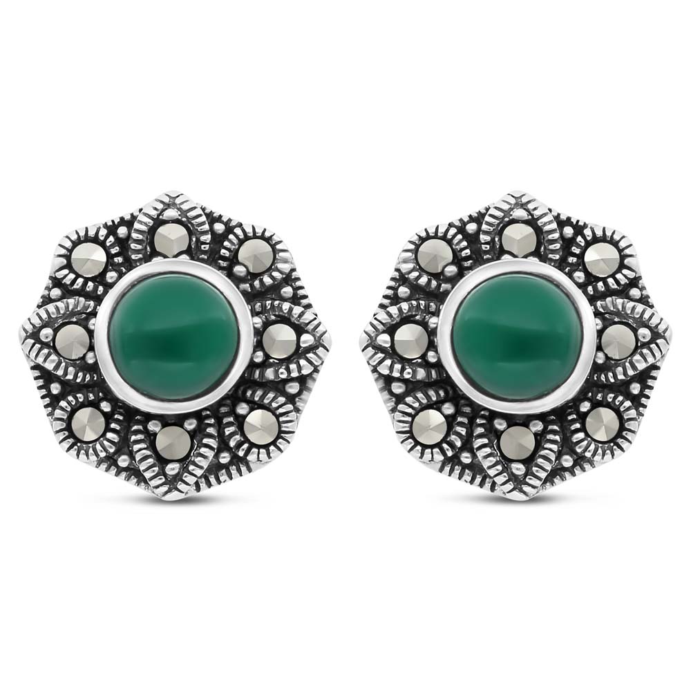 Sterling Silver 925 Earring Embedded With Natural Green Agate And Marcasite Stones