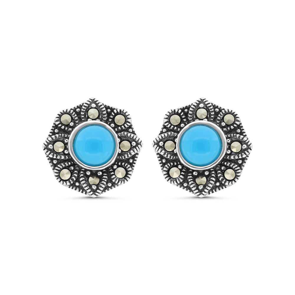 Sterling Silver 925 Earring Embedded With Natural Processed Turquoise And Marcasite Stones