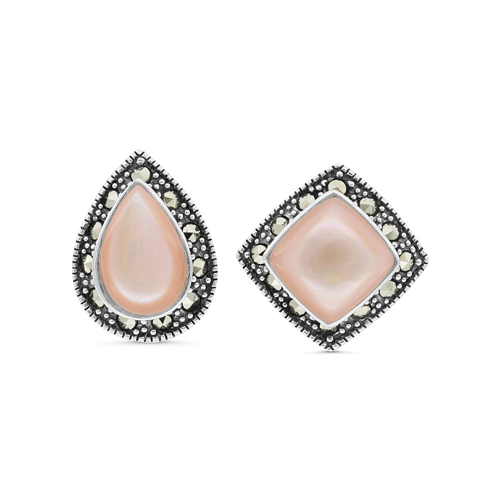 Sterling Silver 925 Earring Embedded With Natural Pink Shell And Marcasite Stones