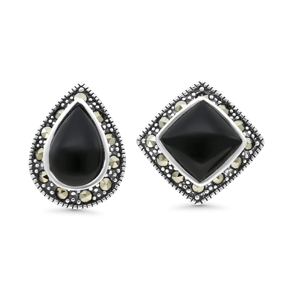 Sterling Silver 925 Earring Embedded With Natural Black Agate And Marcasite Stones