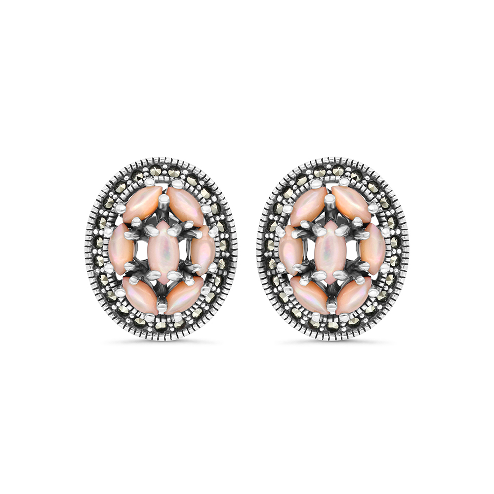 Sterling Silver 925 Earring Embedded With Natural Pink Shell And Marcasite Stones