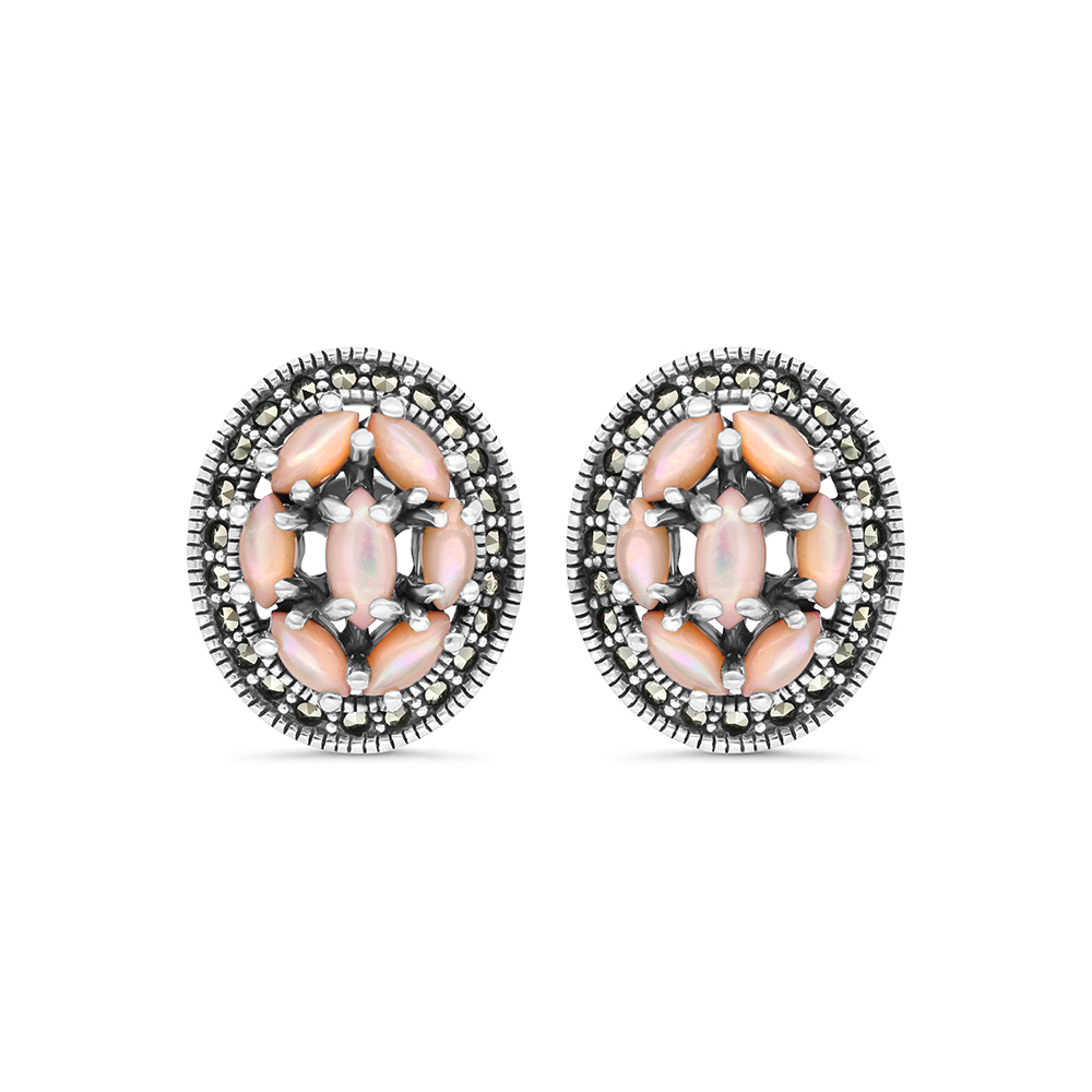 Sterling Silver 925 Earring Embedded With Natural Pink Shell And Marcasite Stones