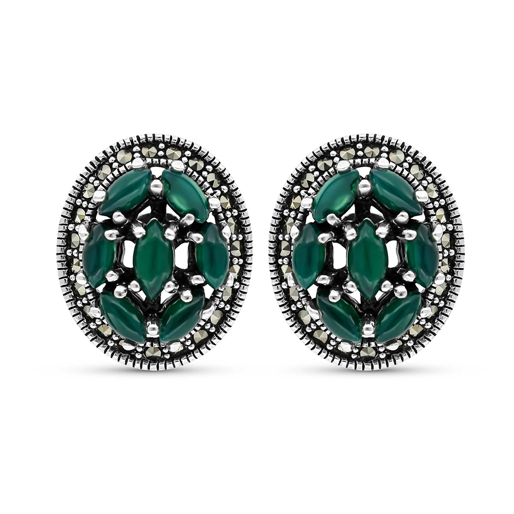 Sterling Silver 925 Earring Embedded With Natural Green Agate And Marcasite Stones