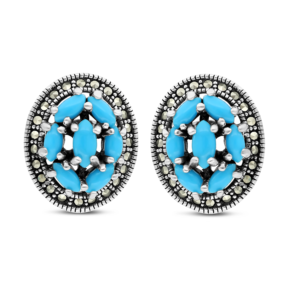 Sterling Silver 925 Earring Embedded With Natural Processed Turquoise And Marcasite Stones