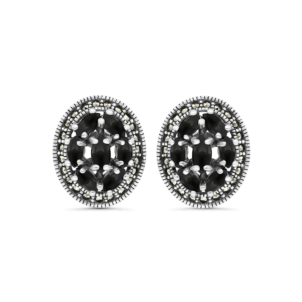 Sterling Silver 925 Earring Embedded With Natural Black Agate And Marcasite Stones