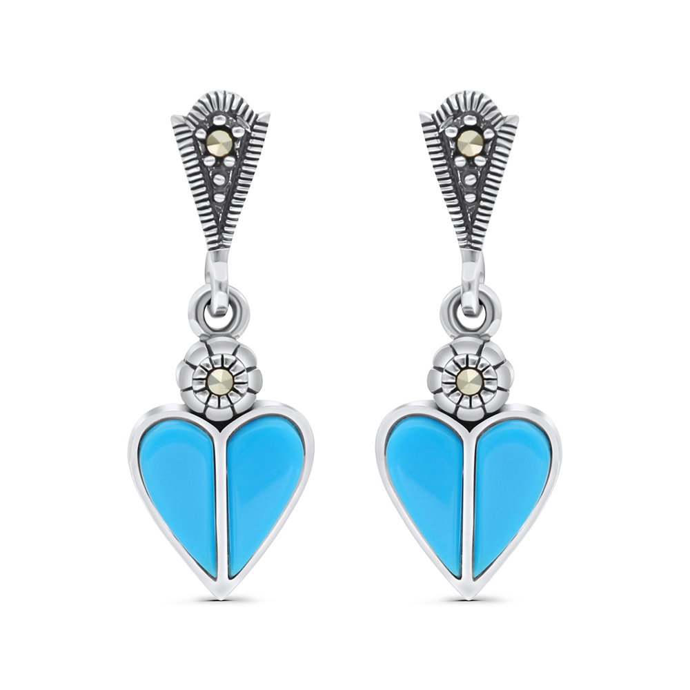 Sterling Silver 925 Earring Embedded With Natural Processed Turquoise And Marcasite Stones