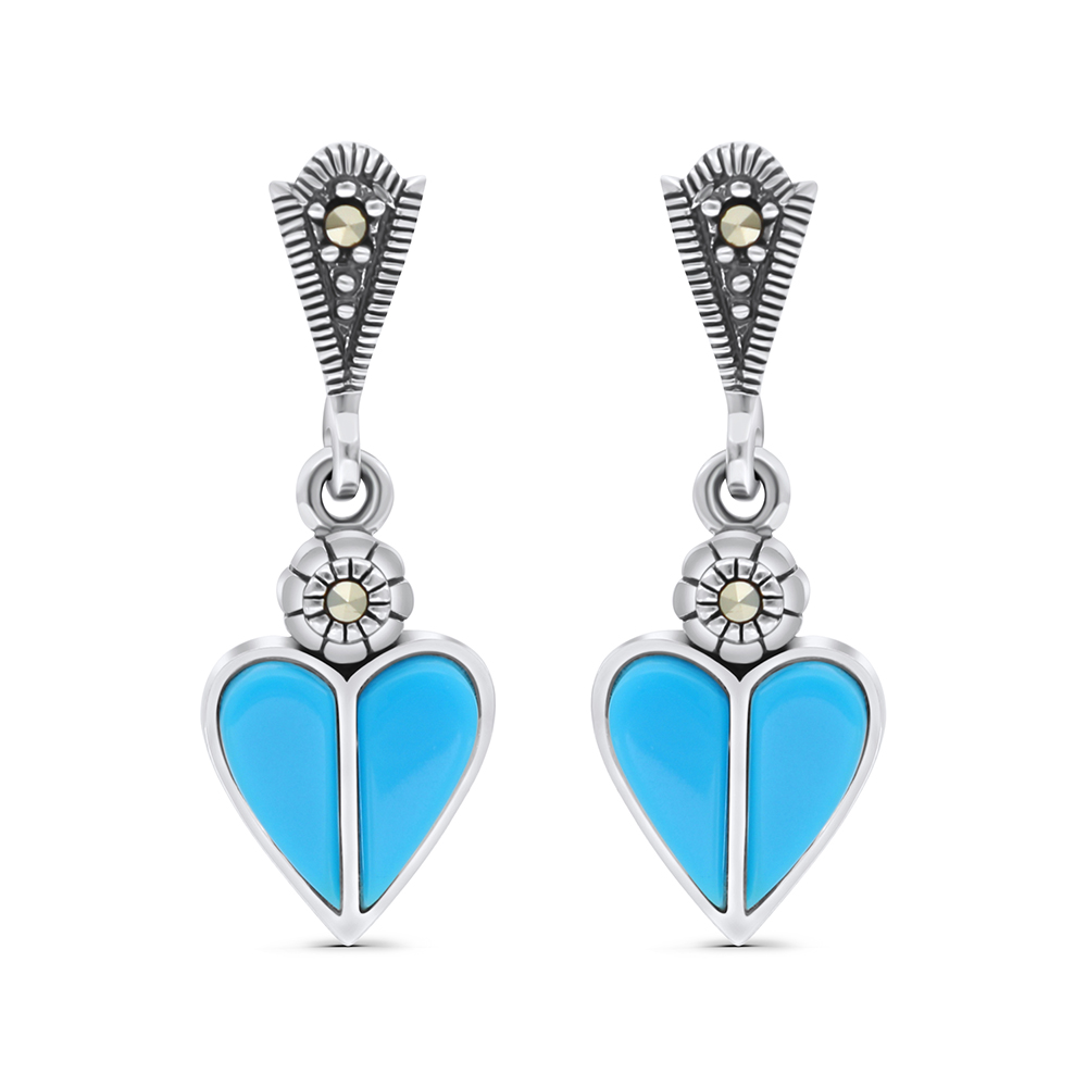 Sterling Silver 925 Earring Embedded With Natural Processed Turquoise And Marcasite Stones