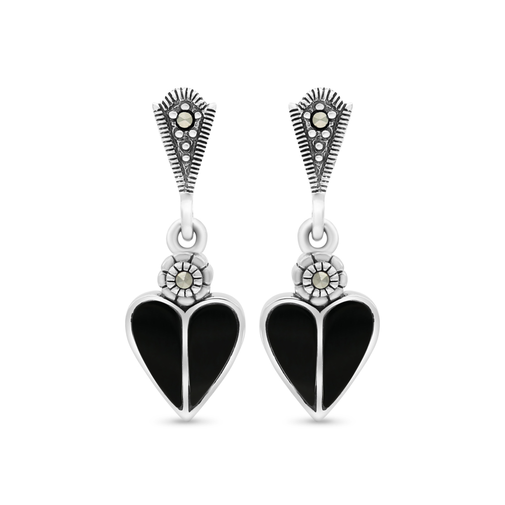 Sterling Silver 925 Earring Embedded With Natural Black Agate And Marcasite Stones