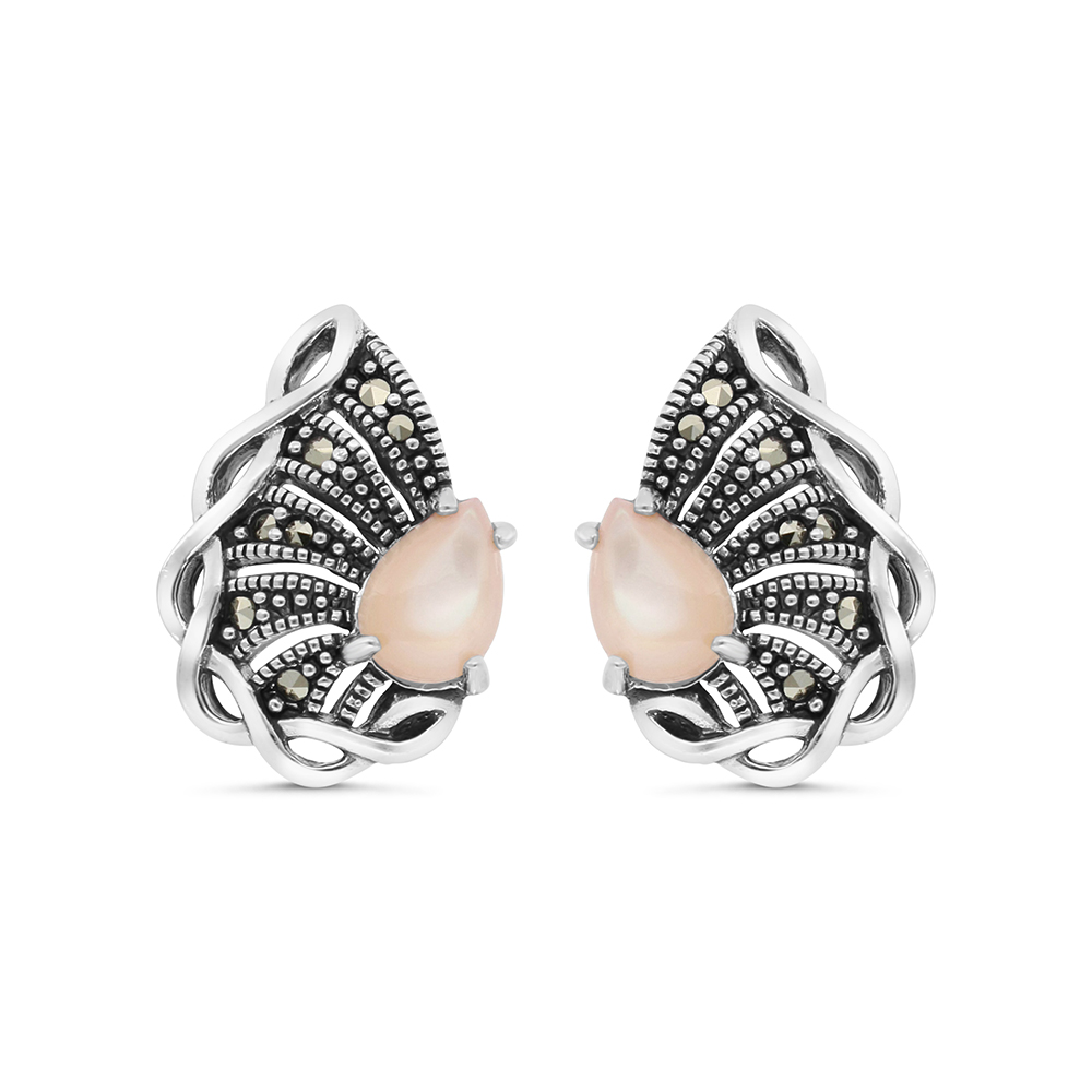 Sterling Silver 925 Earring Embedded With Natural Pink Shell And Marcasite Stones