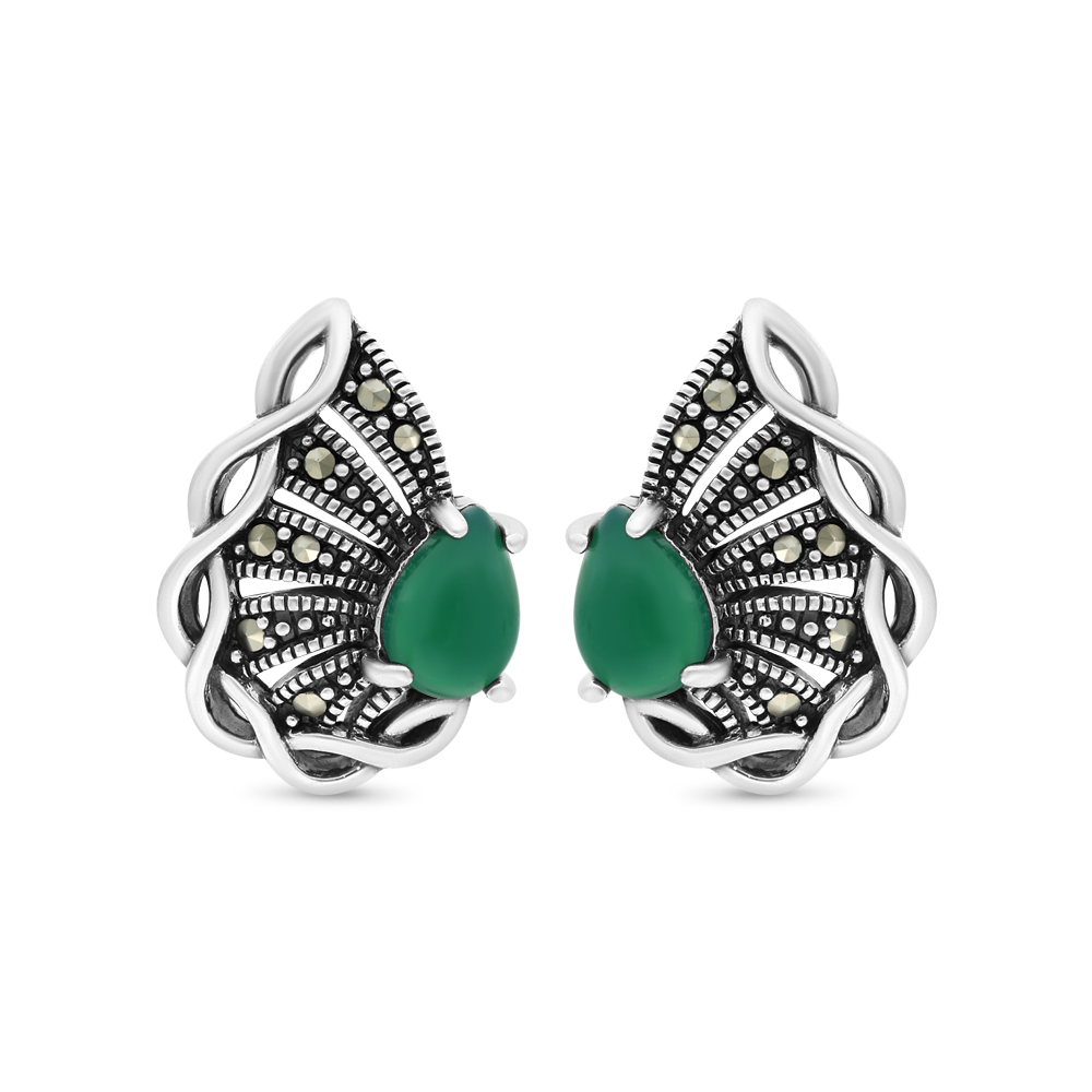 Sterling Silver 925 Earring Embedded With Natural Green Agate And Marcasite Stones