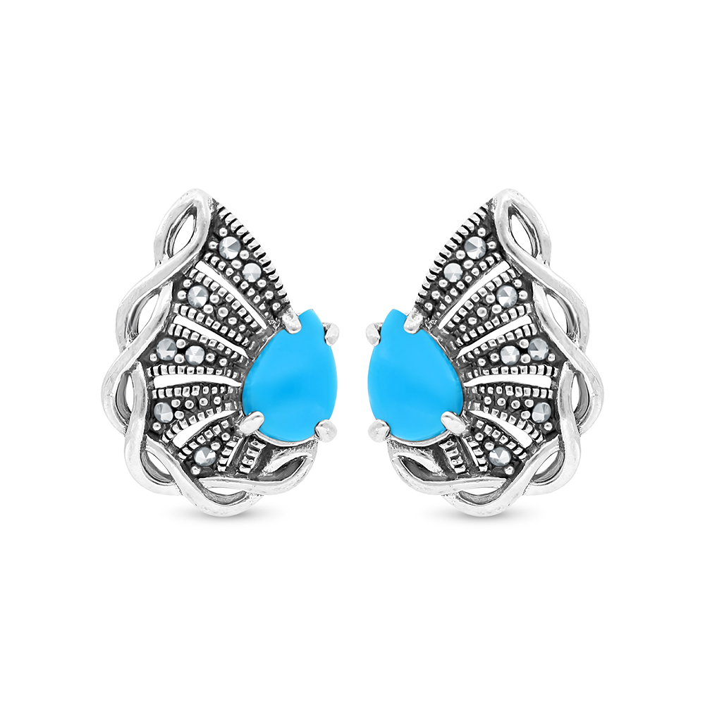 Sterling Silver 925 Earring Embedded With Natural Processed Turquoise And Marcasite Stones