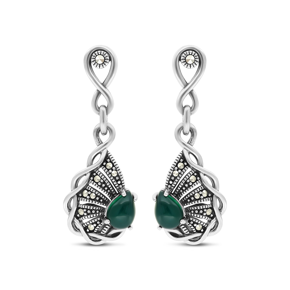 Sterling Silver 925 Earring Embedded With Natural Green Agate And Marcasite Stones