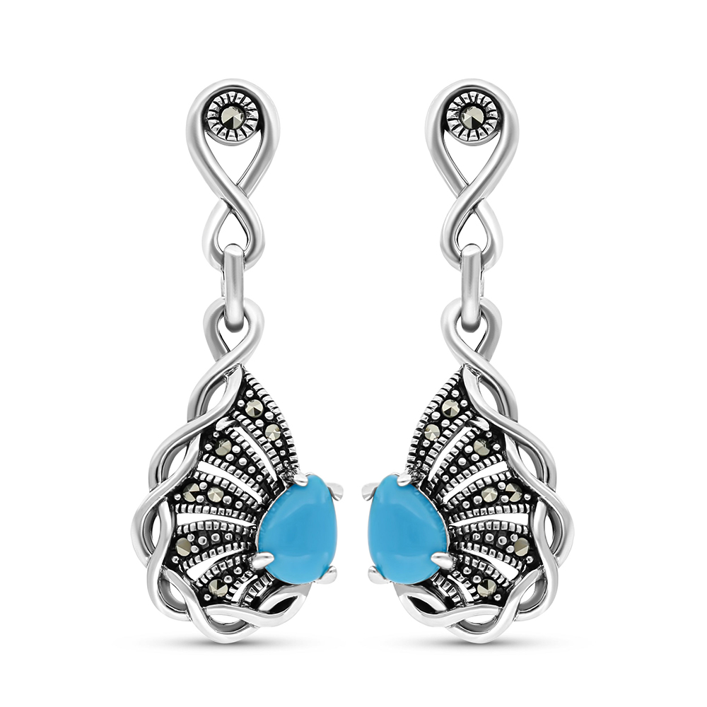 Sterling Silver 925 Earring Embedded With Natural Processed Turquoise And Marcasite Stones