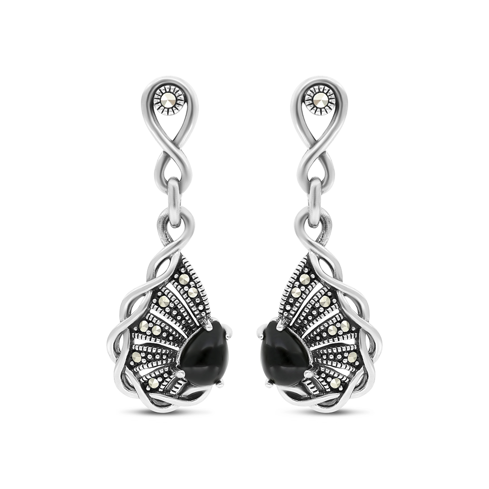 Sterling Silver 925 Earring Embedded With Natural Black Agate And Marcasite Stones