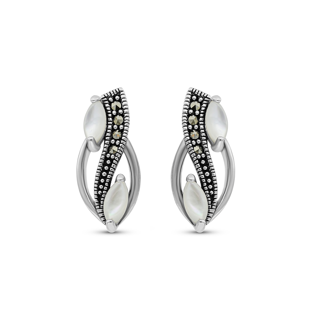 Sterling Silver 925 Earring Embedded With Natural White Shell And Marcasite Stones