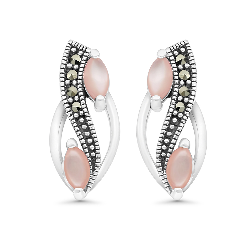 Sterling Silver 925 Earring Embedded With Natural Pink Shell And Marcasite Stones