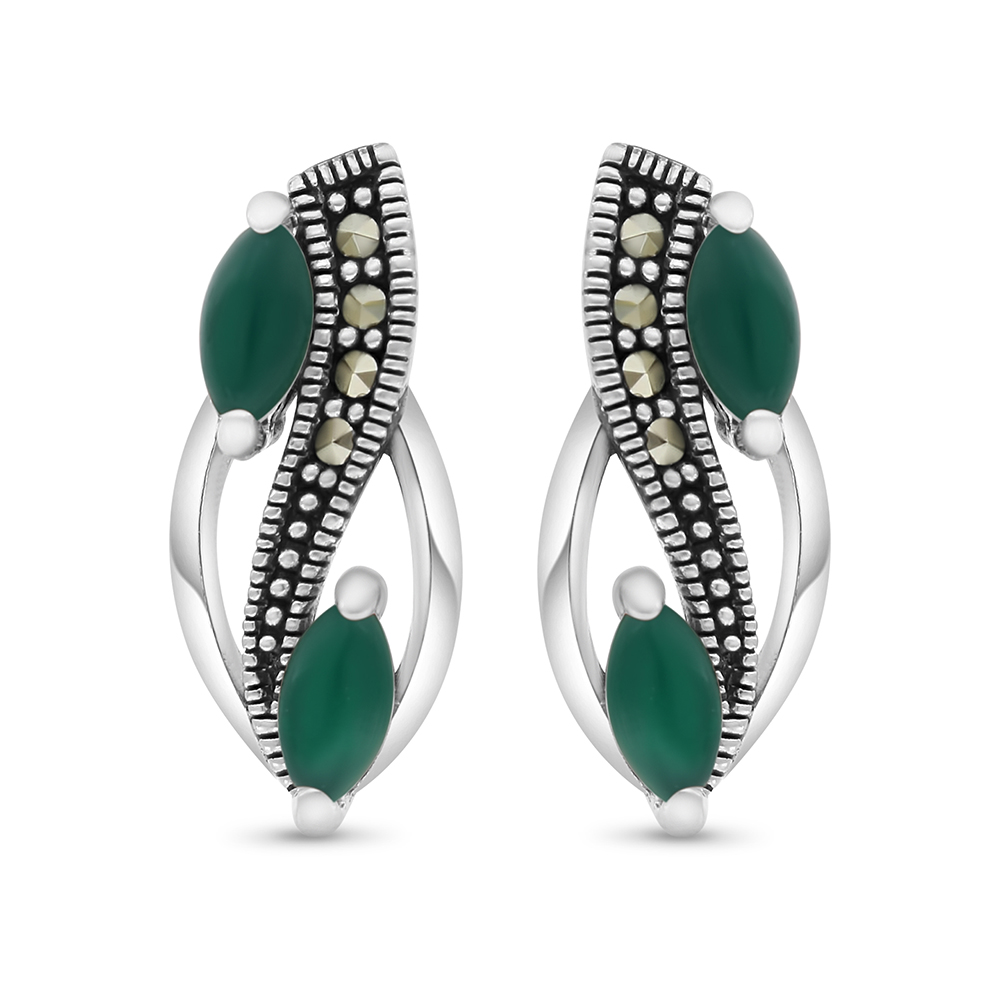 Sterling Silver 925 Earring Embedded With Natural Green Agate And Marcasite Stones