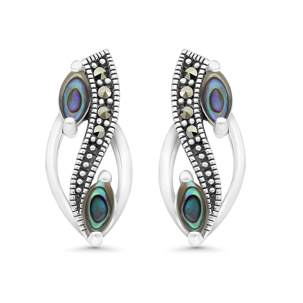 Sterling Silver 925 Earring Embedded With Natural Blue Shell And Marcasite Stones