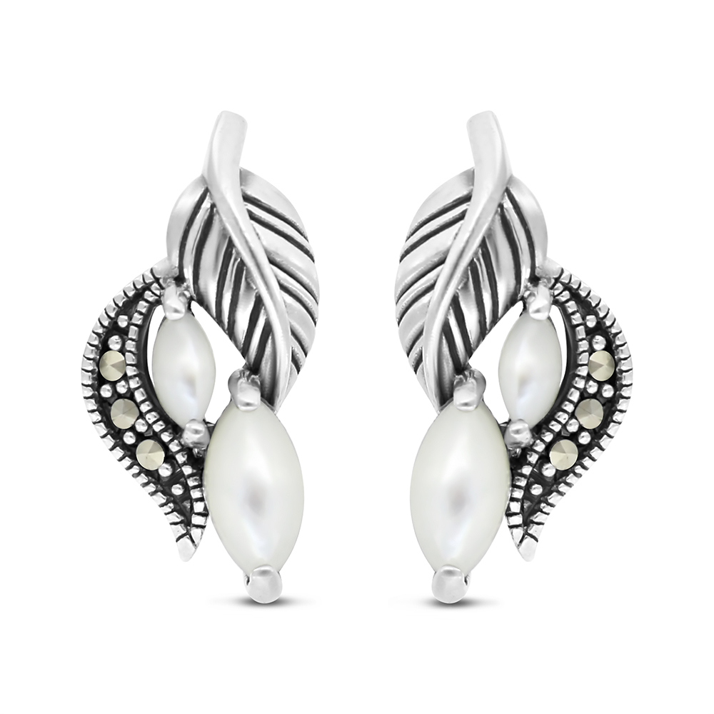 Sterling Silver 925 Earring Embedded With Natural White Shell And Marcasite Stones