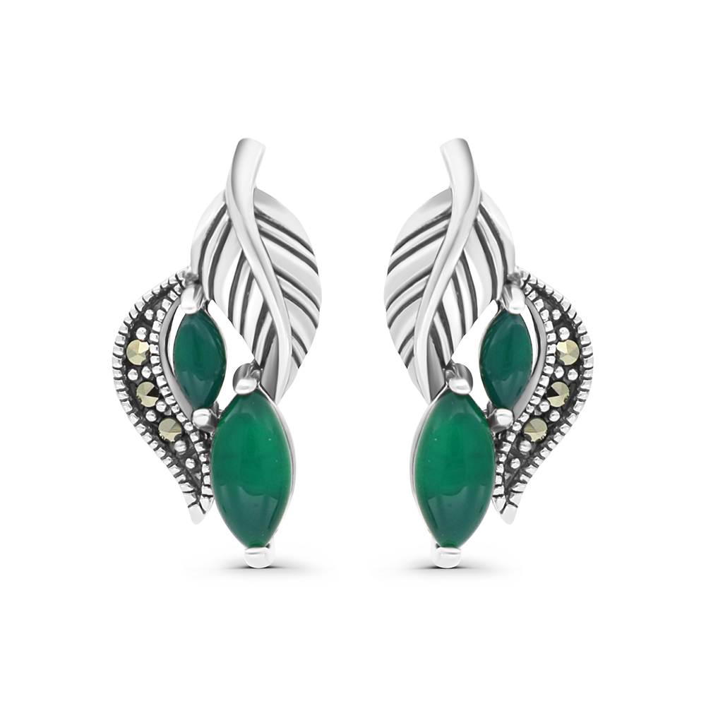 Sterling Silver 925 Earring Embedded With Natural Green Agate And Marcasite Stones