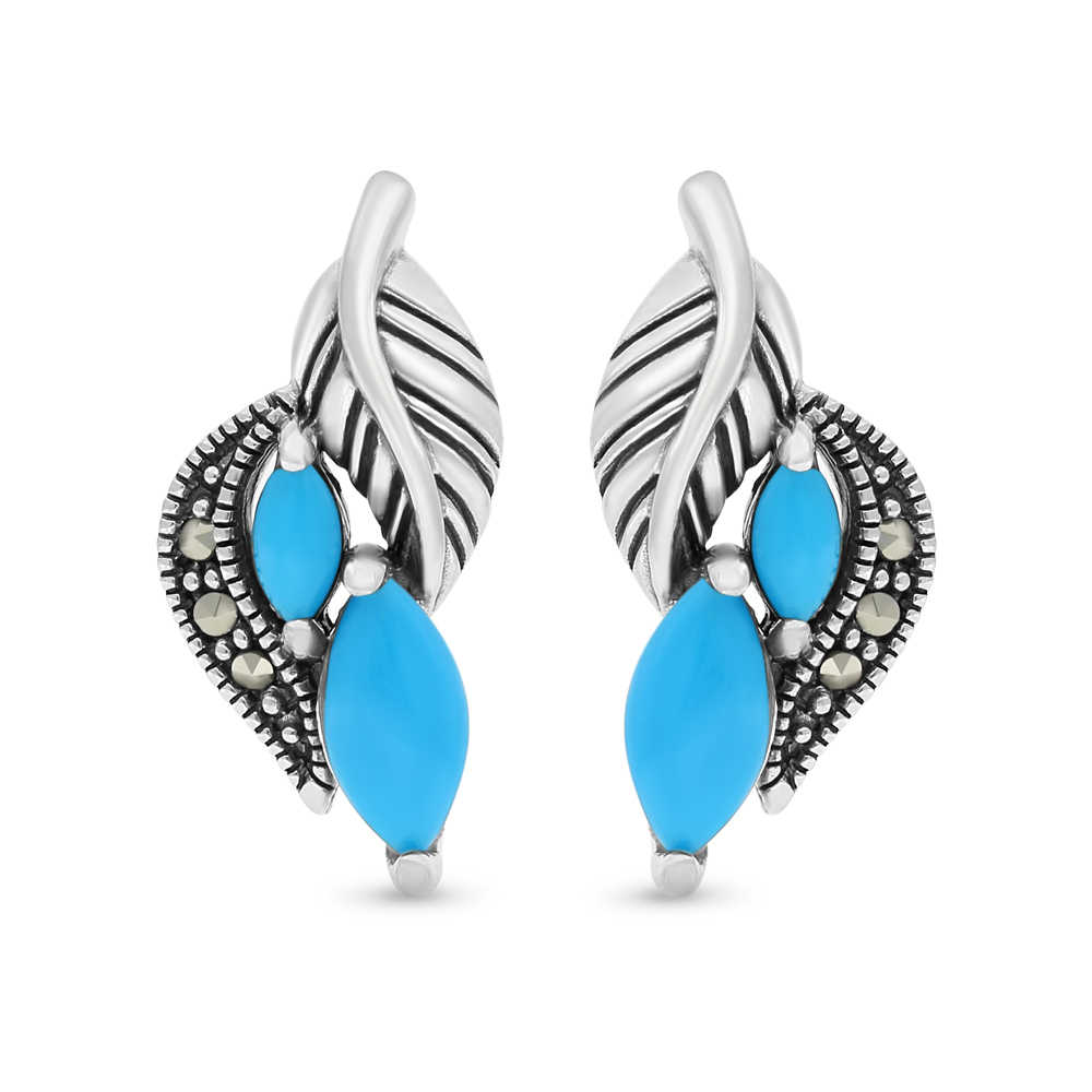 Sterling Silver 925 Earring Embedded With Natural Processed Turquoise And Marcasite Stones