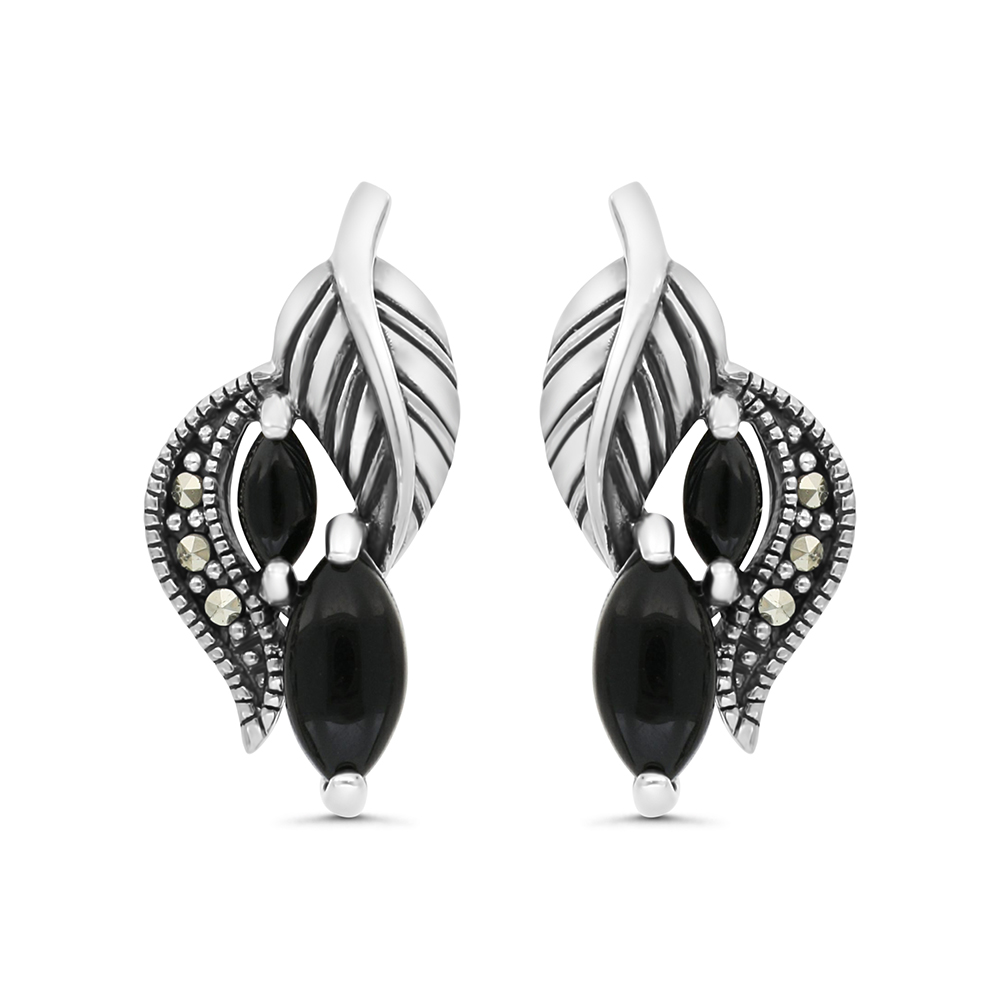 Sterling Silver 925 Earring Embedded With Natural Black Agate And Marcasite Stones