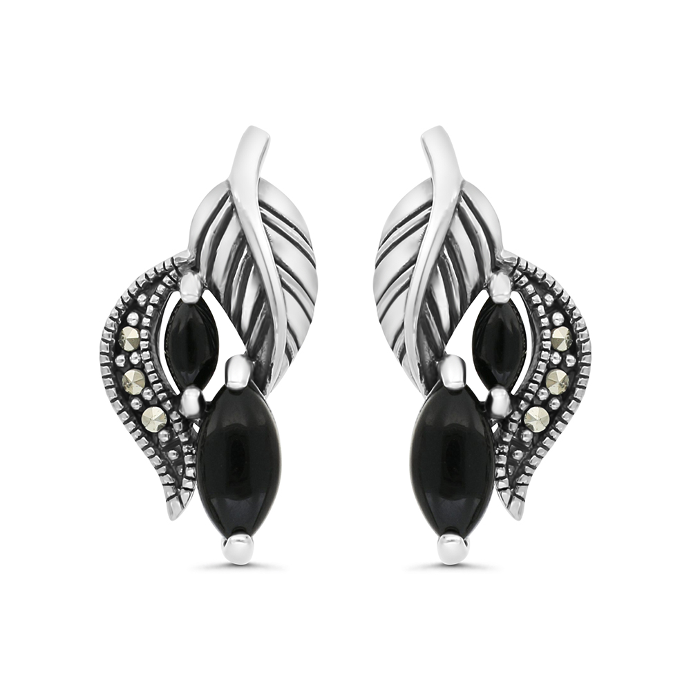 Sterling Silver 925 Earring Embedded With Natural Black Agate And Marcasite Stones