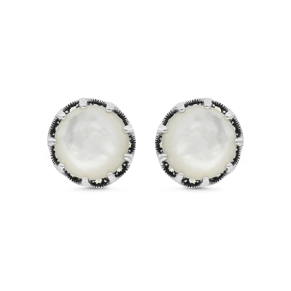 Sterling Silver 925 Earring Embedded With Natural White Shell And Marcasite Stones