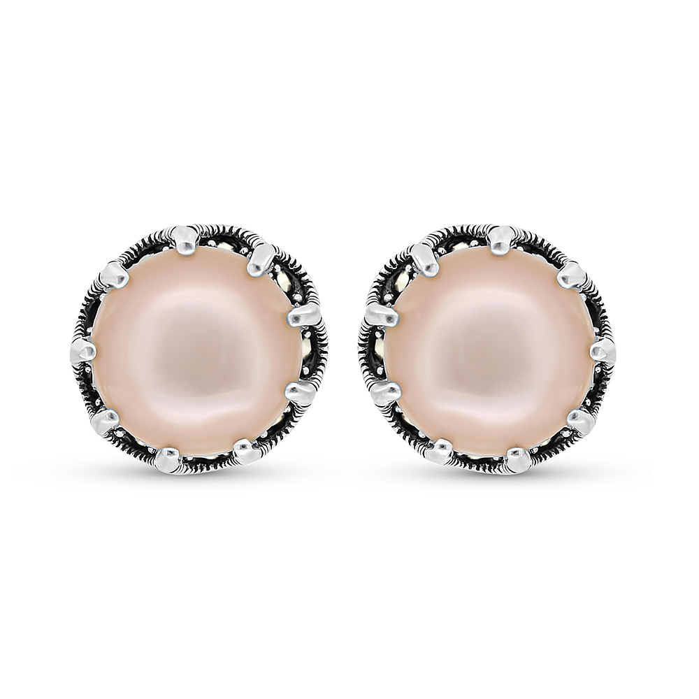 Sterling Silver 925 Earring Embedded With Natural Pink Shell And Marcasite Stones