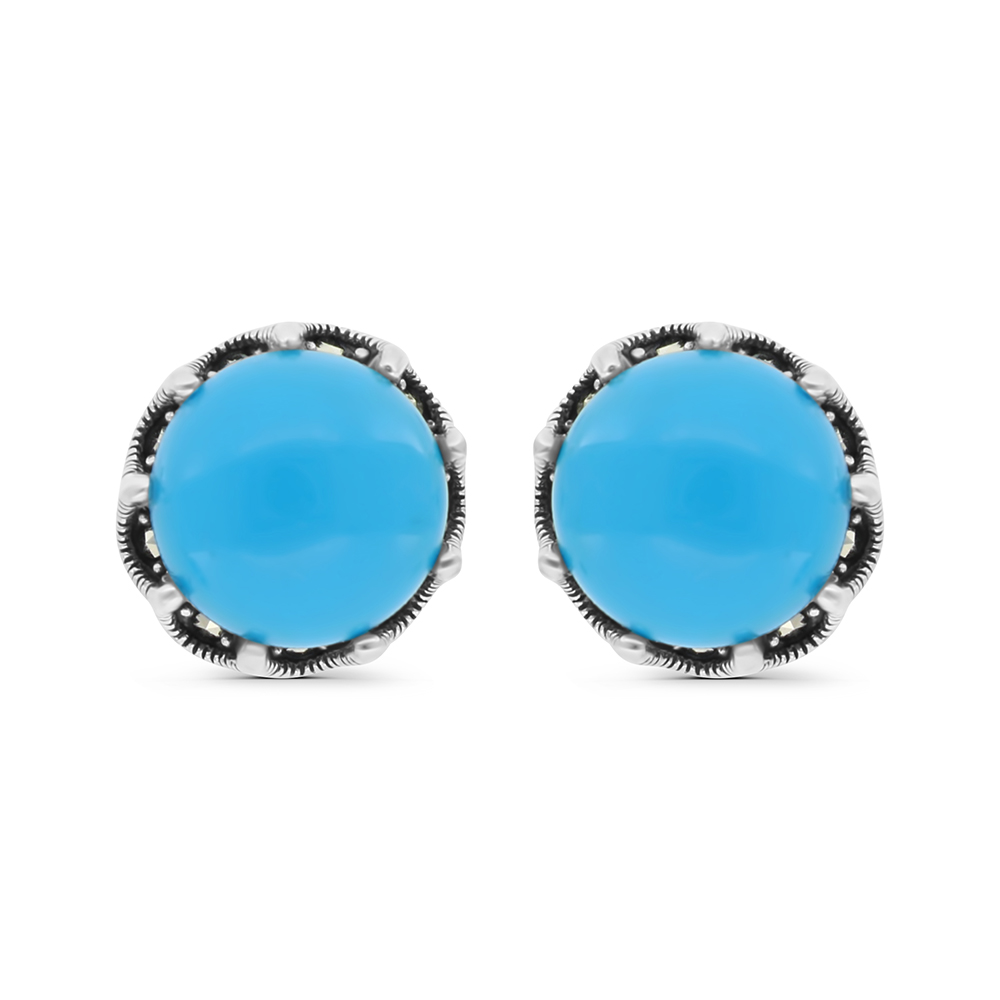 Sterling Silver 925 Earring Embedded With Natural Processed Turquoise And Marcasite Stones