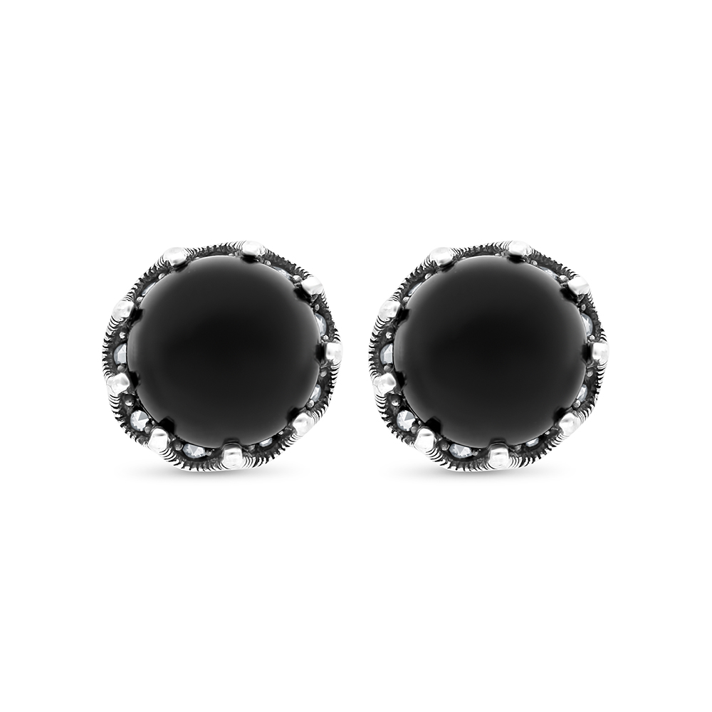 Sterling Silver 925 Earring Embedded With Natural Black Agate And Marcasite Stones