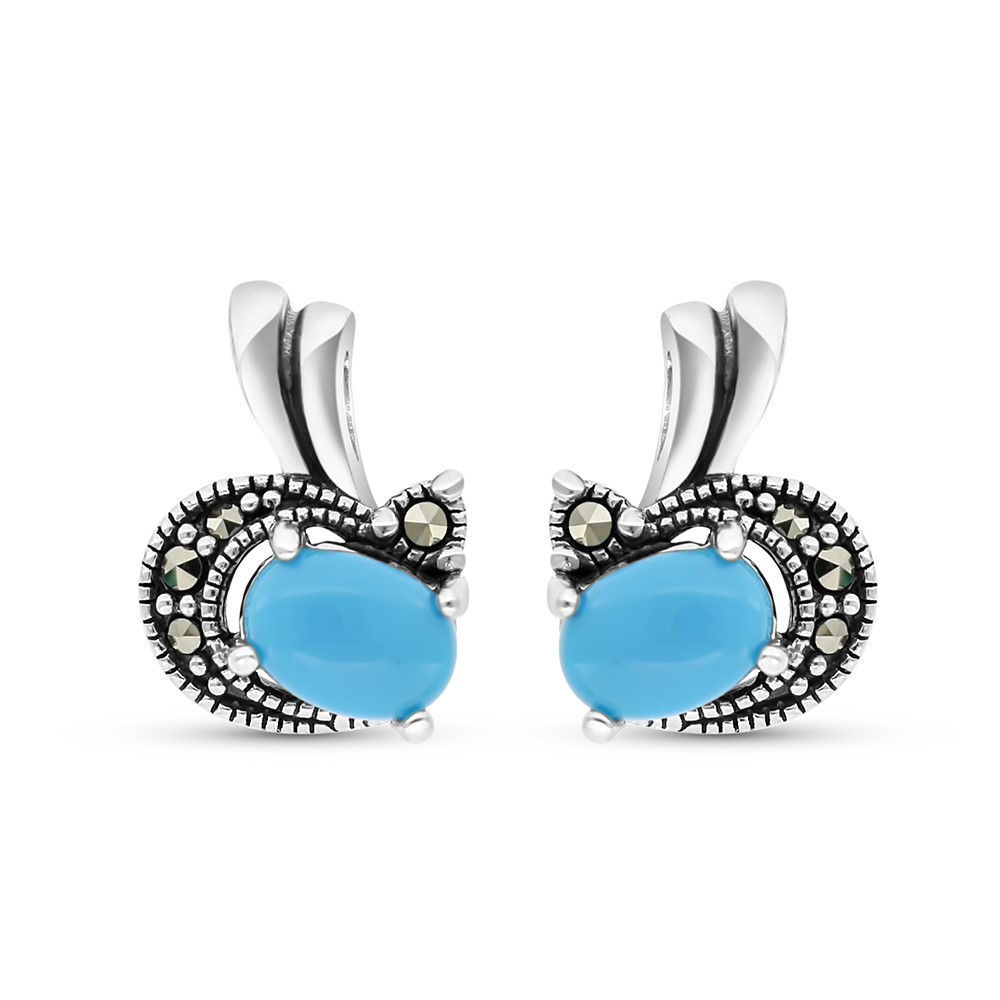 Sterling Silver 925 Earring Embedded With Natural Processed Turquoise And Marcasite Stones