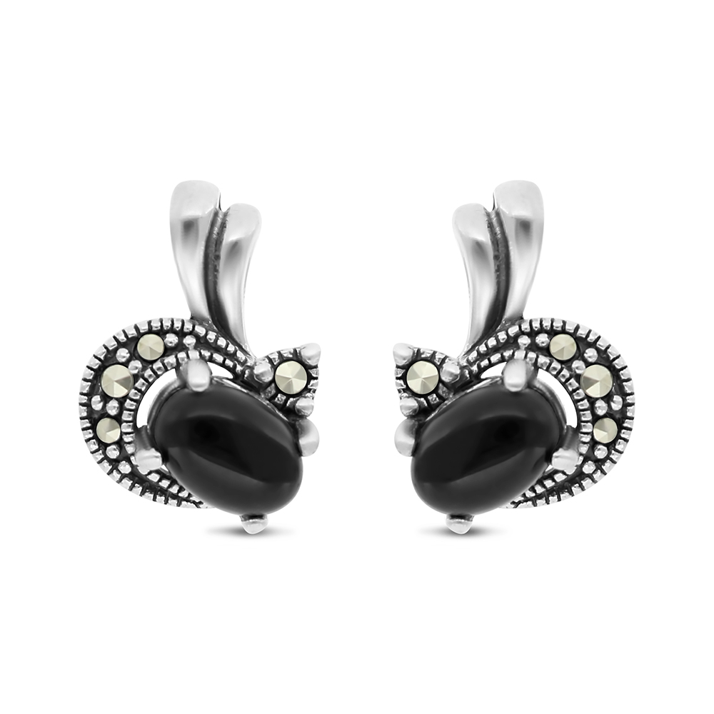 Sterling Silver 925 Earring Embedded With Natural Black Agate And Marcasite Stones