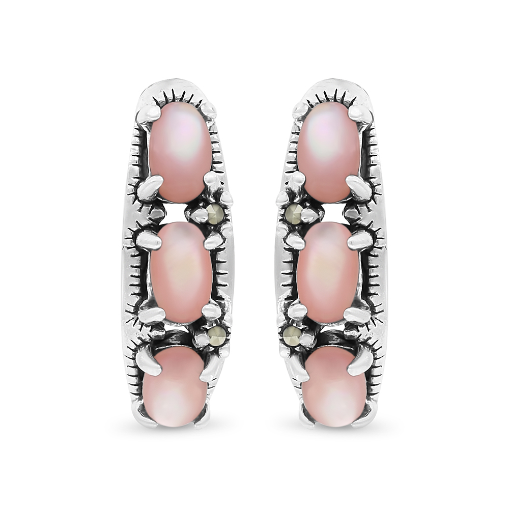 Sterling Silver 925 Earring Embedded With Natural Pink Shell And Marcasite Stones