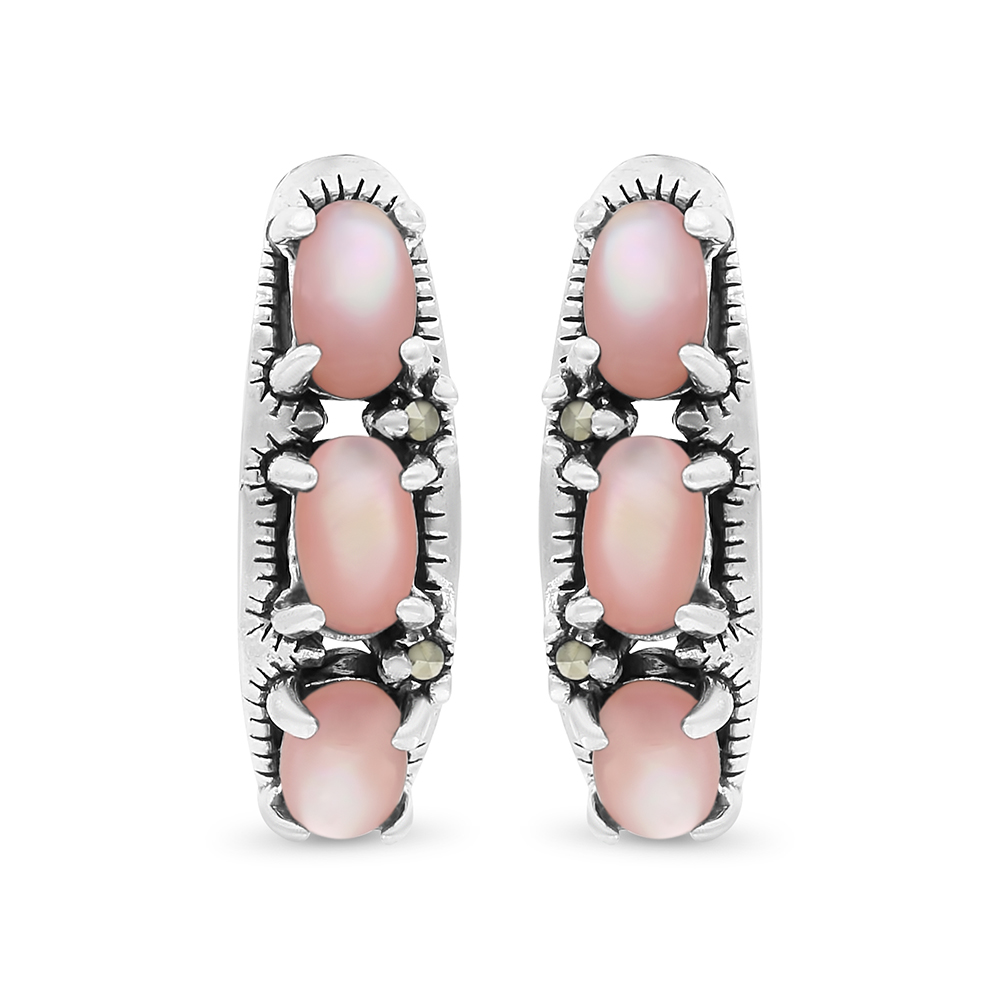 Sterling Silver 925 Earring Embedded With Natural Pink Shell And Marcasite Stones