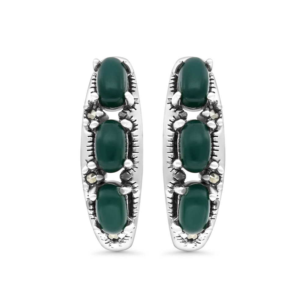 Sterling Silver 925 Earring Embedded With Natural Green Agate And Marcasite Stones