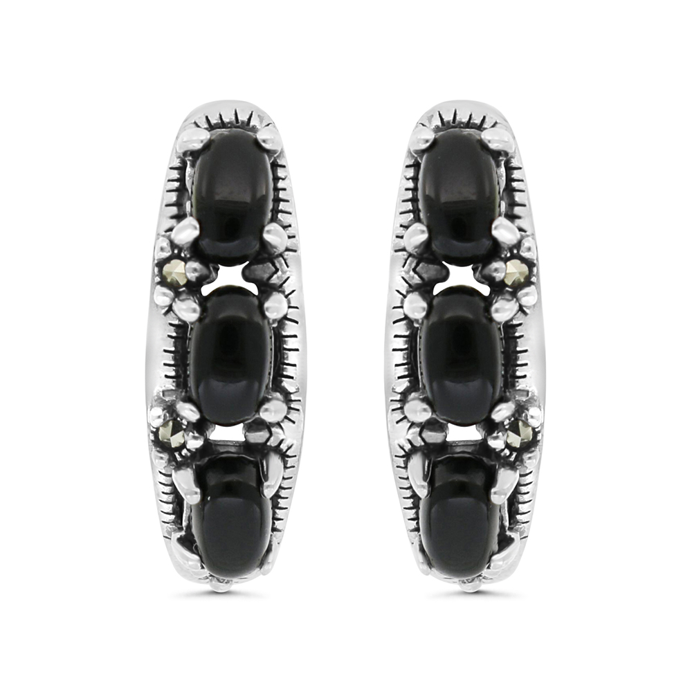 Sterling Silver 925 Earring Embedded With Natural Black Agate And Marcasite Stones