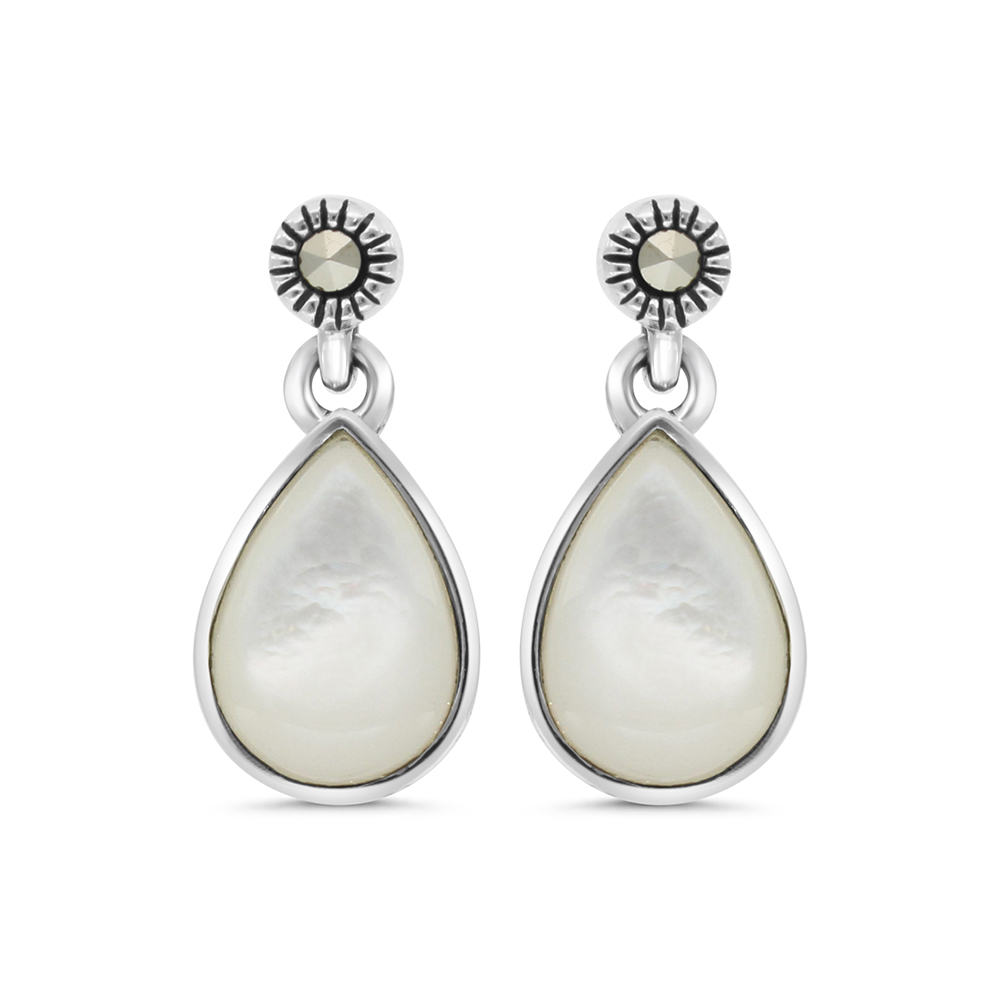 Sterling Silver 925 Earring Embedded With Natural White Shell And Marcasite Stones