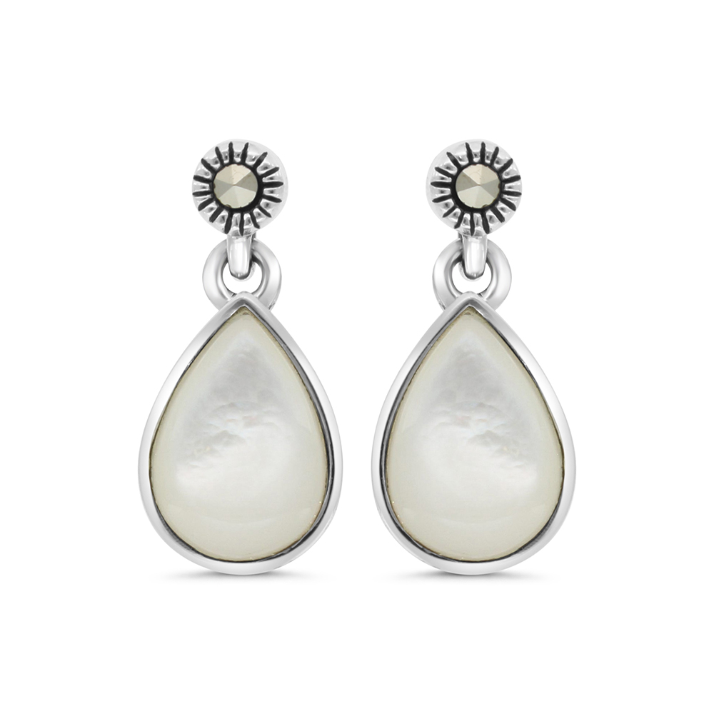 Sterling Silver 925 Earring Embedded With Natural White Shell And Marcasite Stones