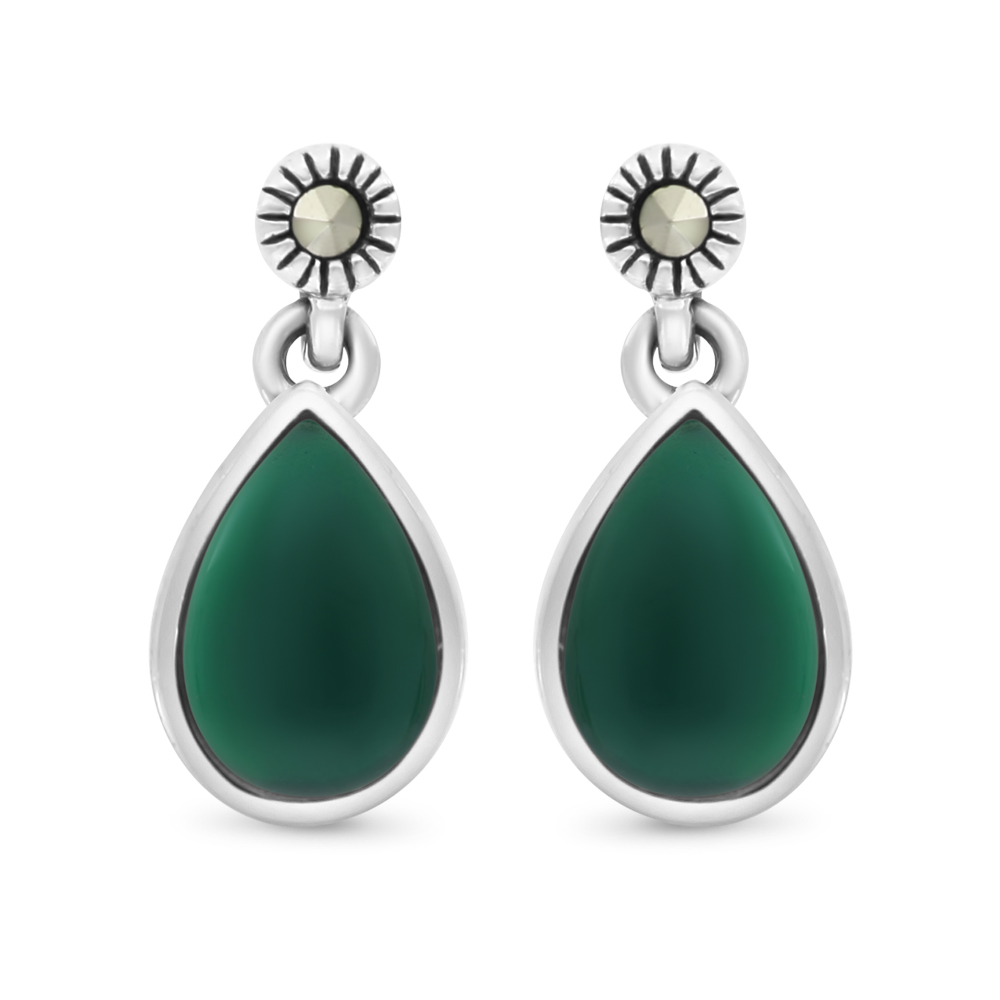 Sterling Silver 925 Earring Embedded With Natural Green Agate And Marcasite Stones