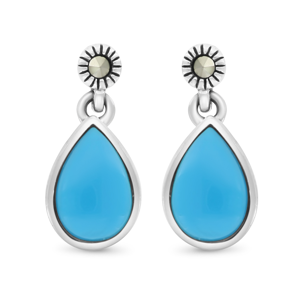 Sterling Silver 925 Earring Embedded With Natural Processed Turquoise And Marcasite Stones