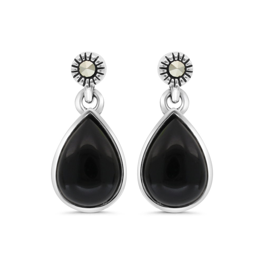 Sterling Silver 925 Earring Embedded With Natural Black Agate And Marcasite Stones