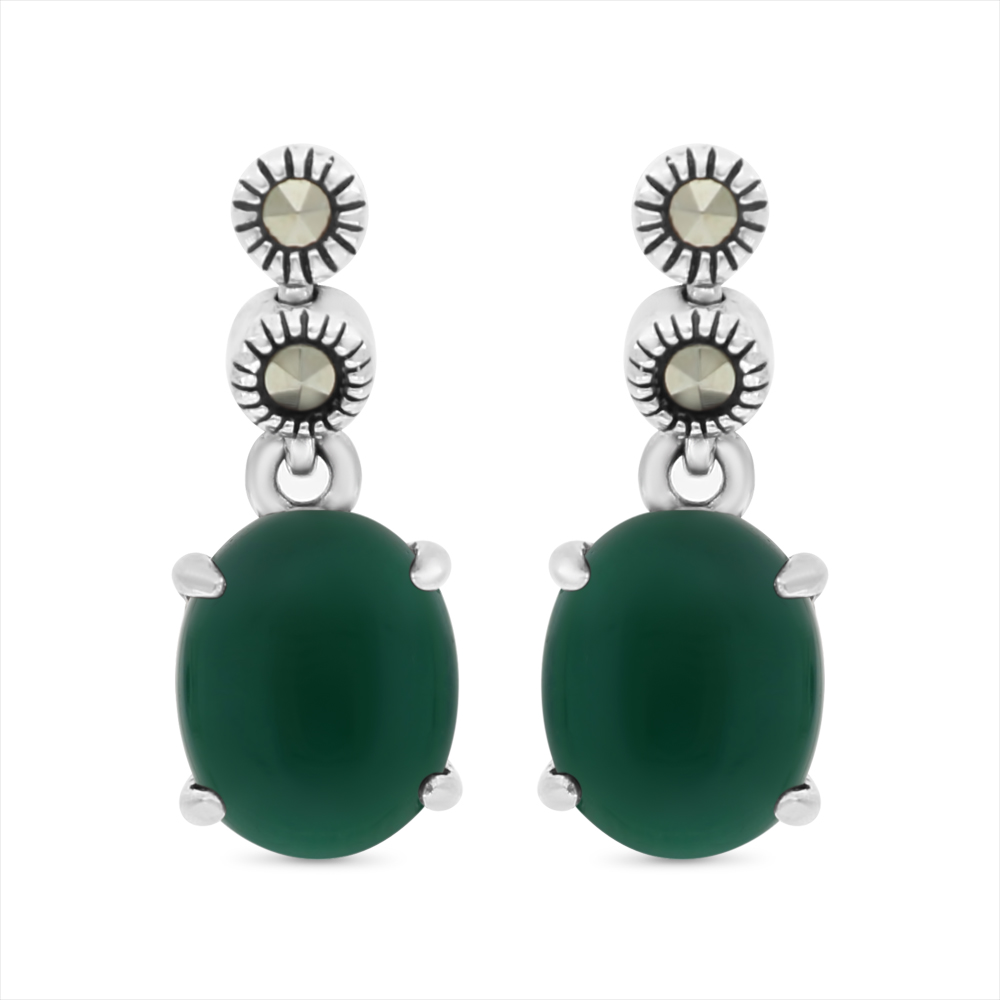 Sterling Silver 925 Earring Embedded With Natural Green Agate And Marcasite Stones