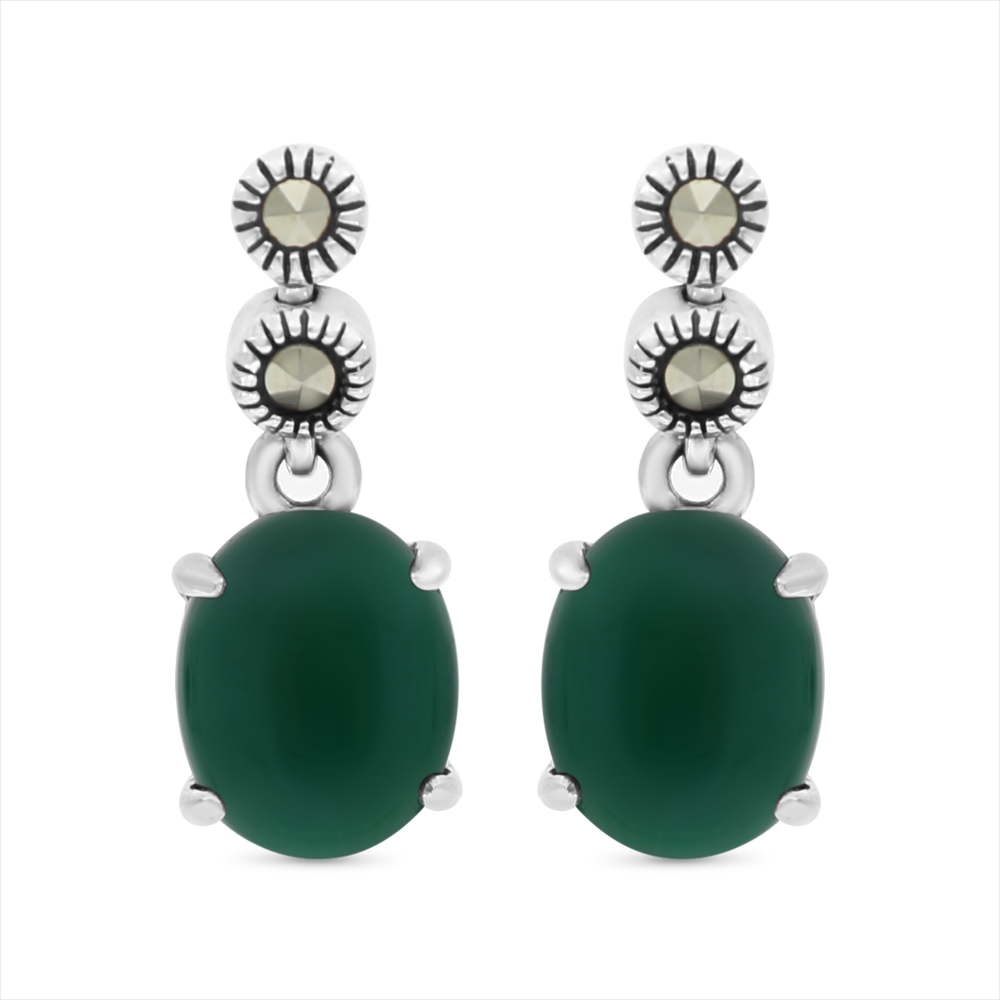 Sterling Silver 925 Earring Embedded With Natural Green Agate And Marcasite Stones